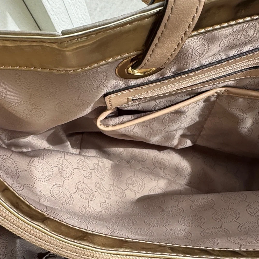 Michael Kors Gold Metallic Embossed MK Tote with Tan Handles - Picture 9 of 13